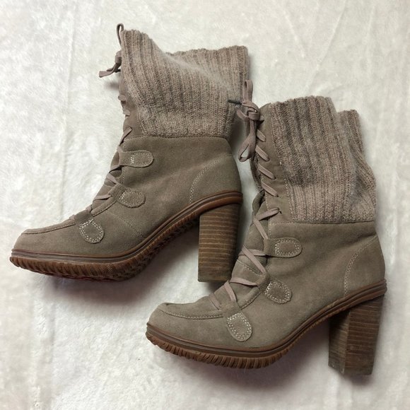 PAJAR Winter Fleece Lined Taupe Block Heel Fold Over Booties Size 8 - Picture 3 of 11